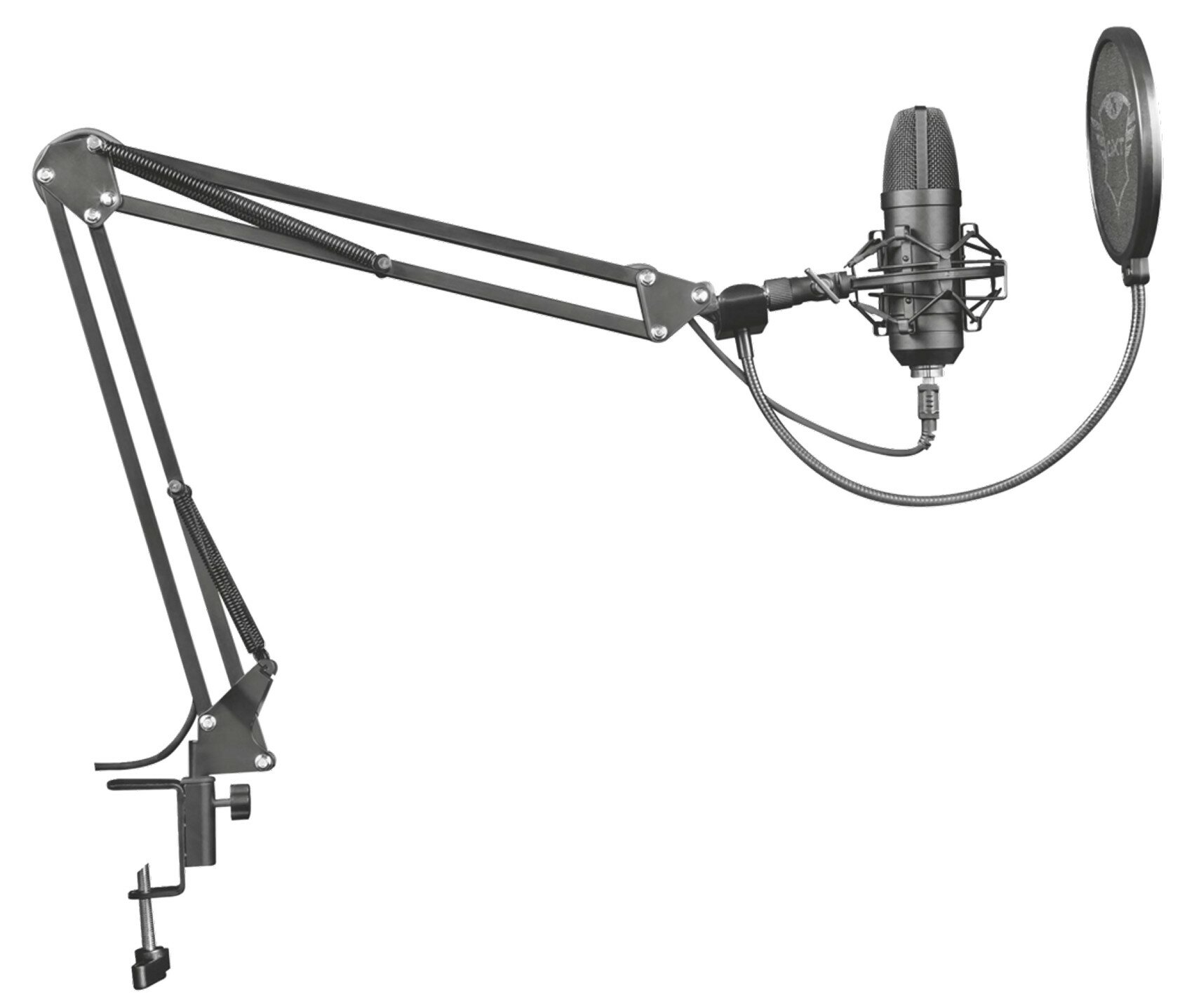 Czarny mikrofon przymocowany do ruchomego ramienia i filtr pop.