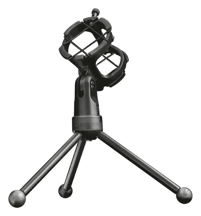 Czarny statyw mikrofonowy na białym tle. Podstawa statywu z uchwytem na mikrofon.