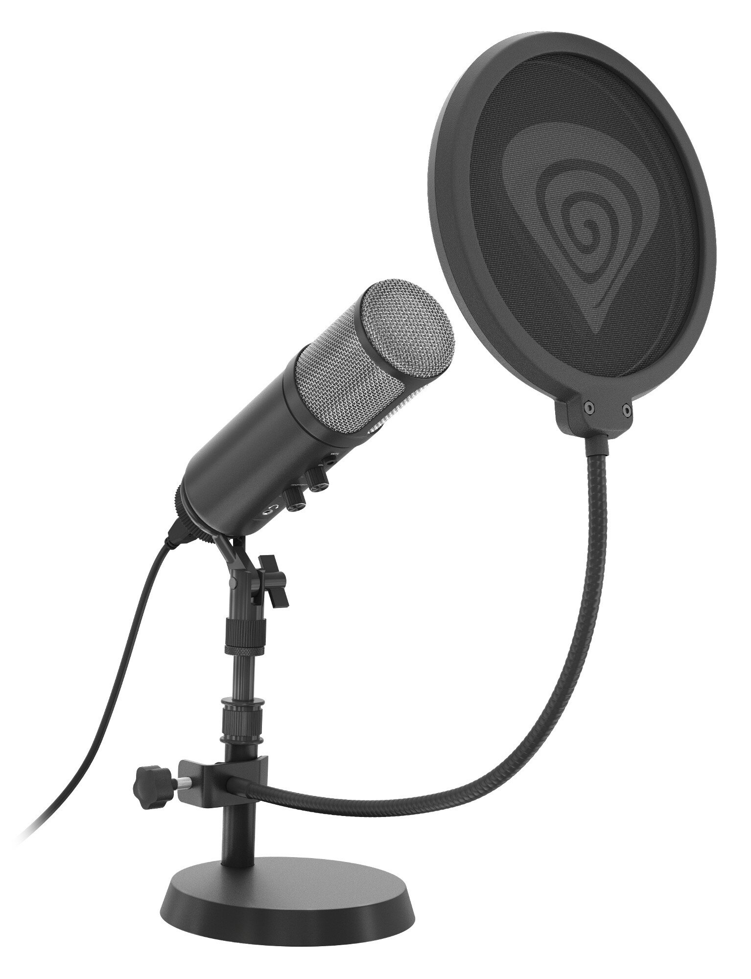 Czarny mikrofon z filtrem pop, na statywie. Mikrofon jest cylindryczny, a filtr okrągły.