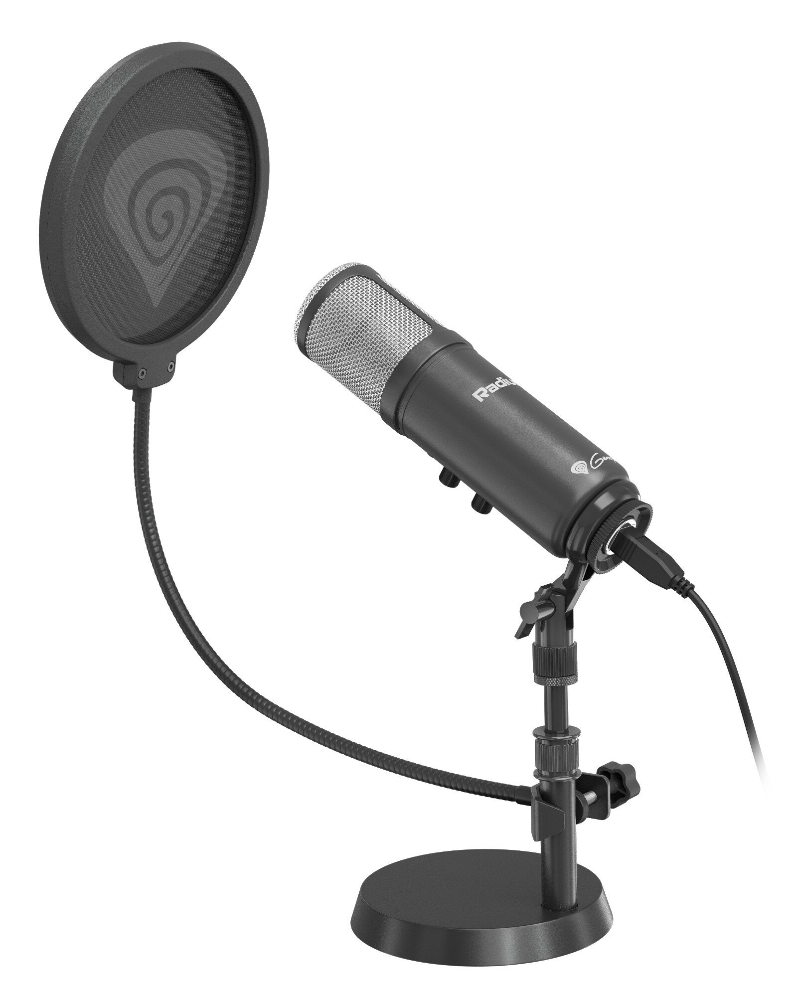 Mikrofon z filtrem pop na statywie, czarny i srebrny.