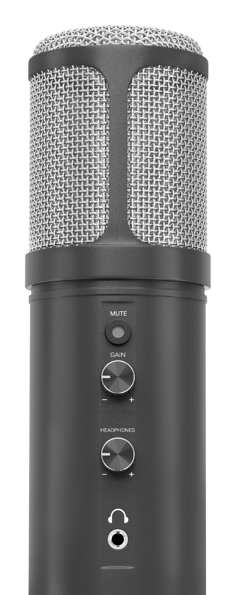 Czarny mikrofon z siatkowym wierzchem. Ma regulację wzmocnienia, wyciszenia i słuchawek.