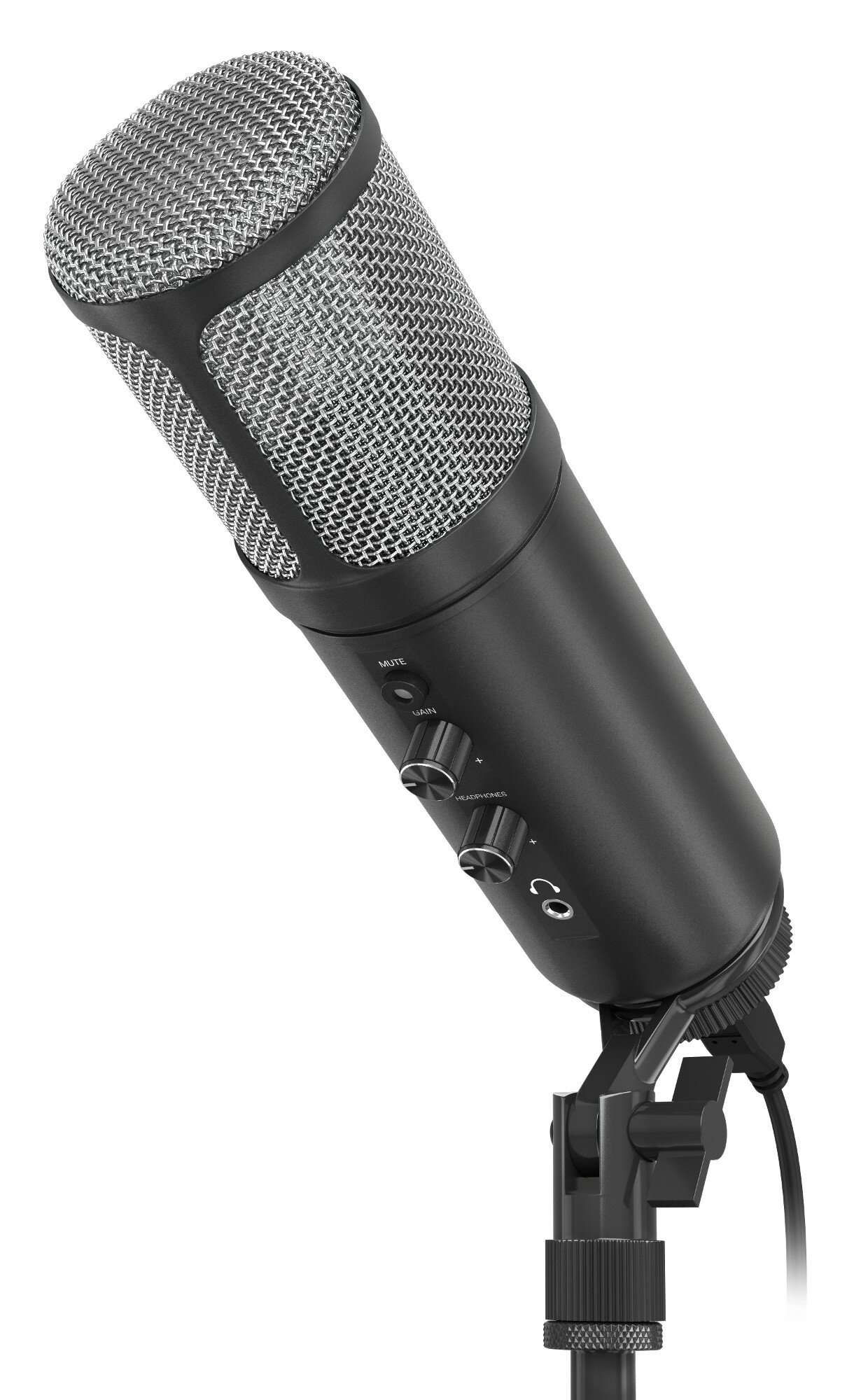 Czarny mikrofon ze srebrną siatką na górze, zamontowany na statywie, z pokrętłami sterowania.