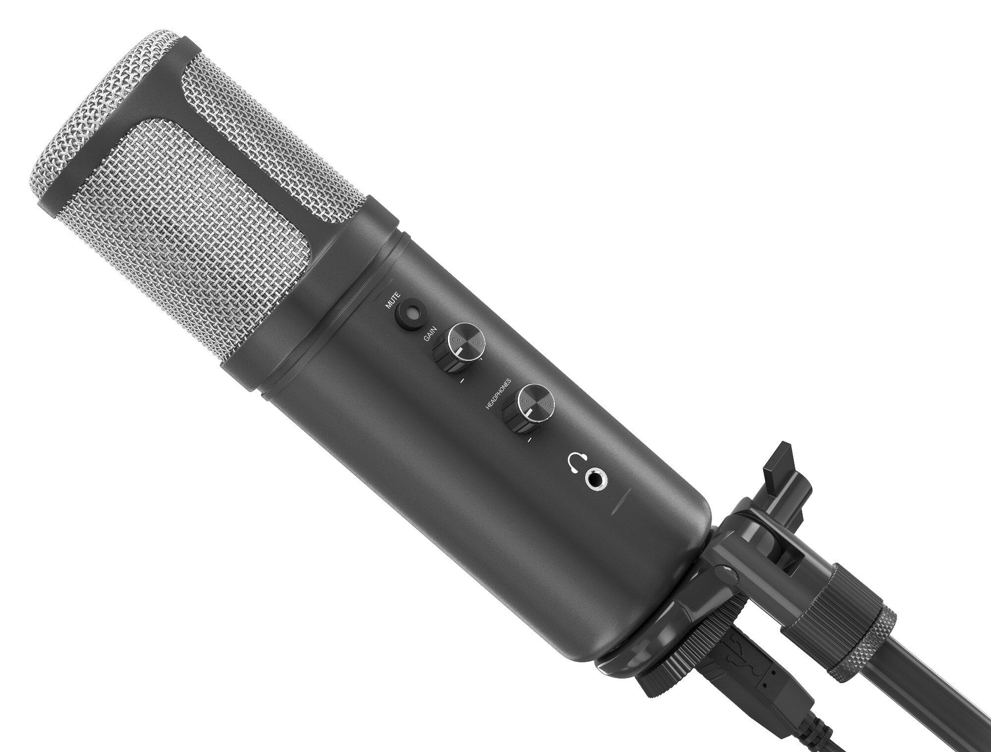 Czarny mikrofon na statywie. Posiada kontrolki wyciszenia, wzmocnienia i słuchawek.