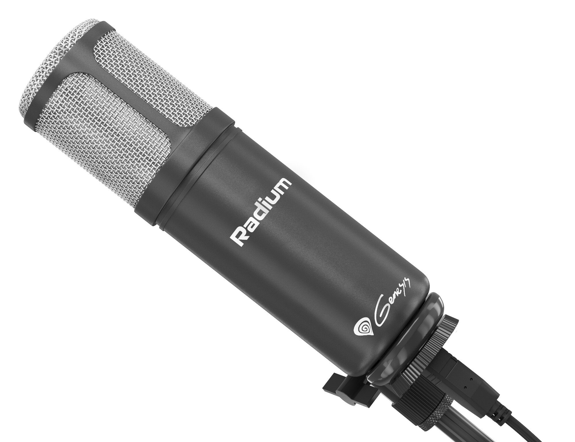 Czarny mikrofon z srebrną siatkową głowicą. Mikrofon na białym tle.