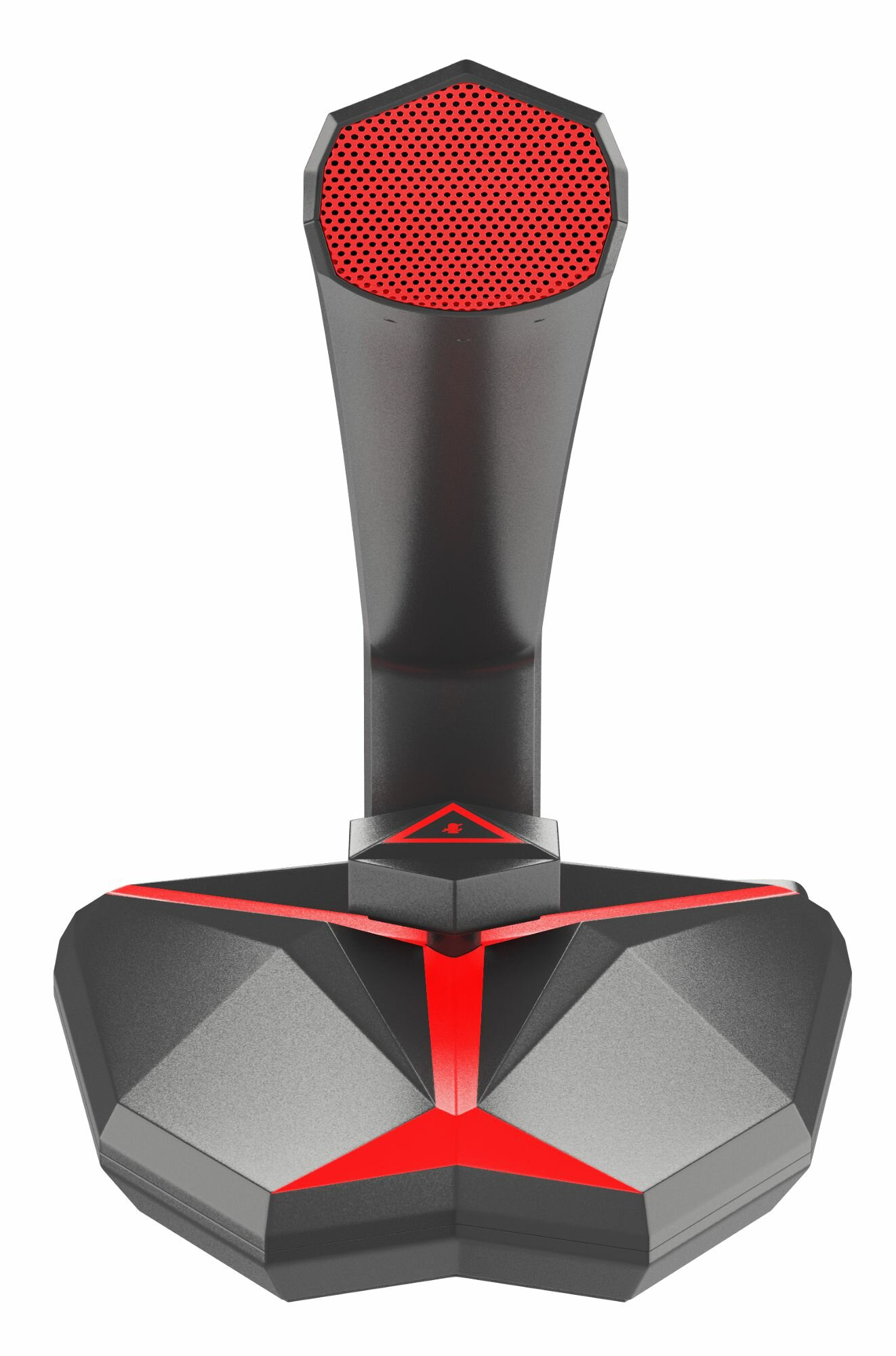 Stojak na zestaw słuchawkowy do gier. Czarno-czerwony design. Trójkątne czerwone akcenty i czerwony wierzch z siatki.