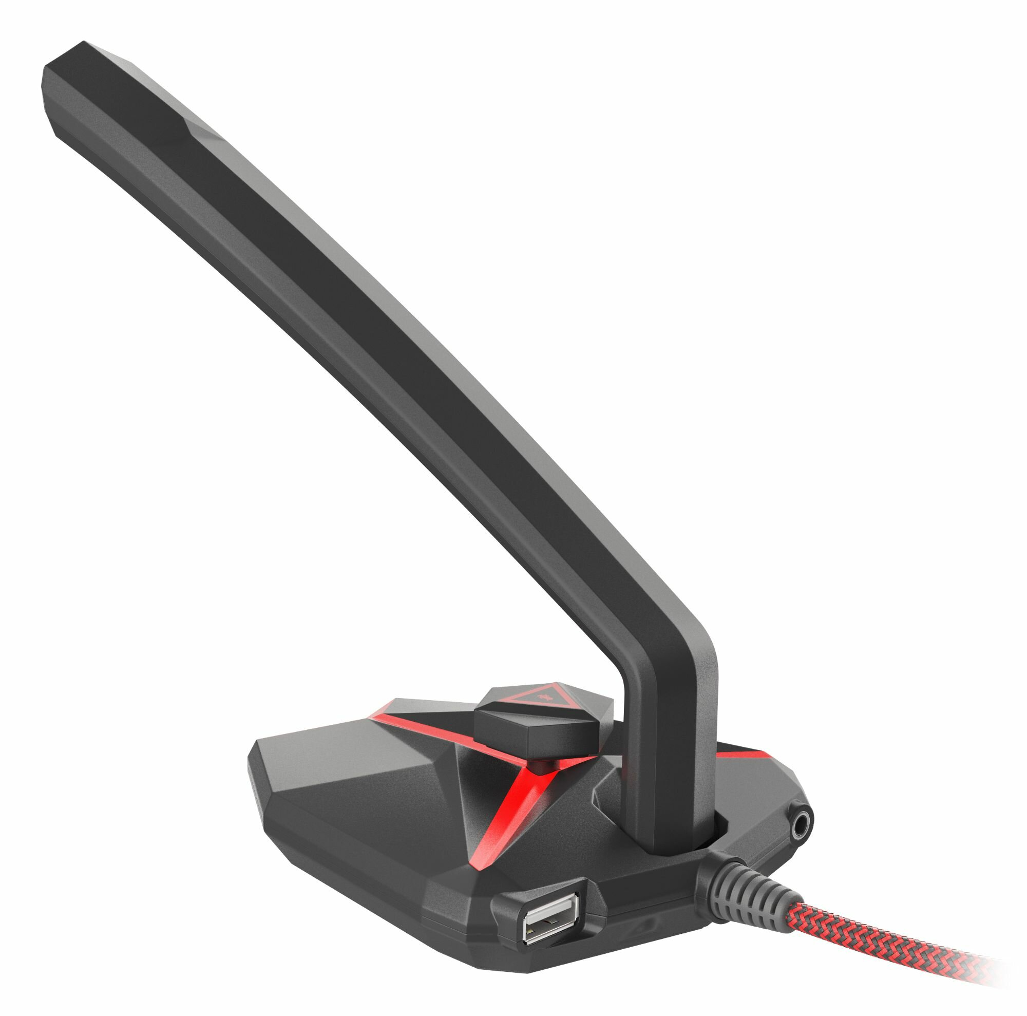 Czarny statyw mikrofonowy z czerwonym akcentem na białym tle. Podłączony jest również kabel USB.