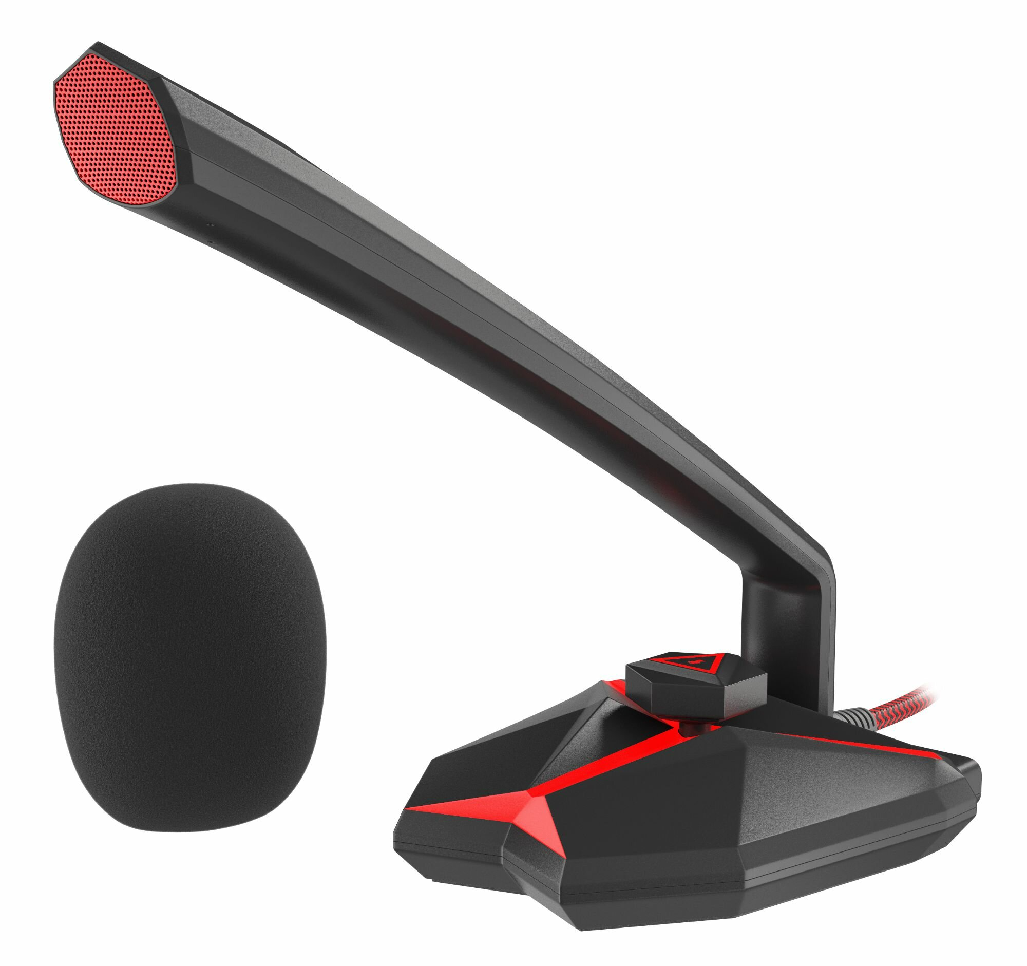 Czarno-czerwony mikrofon do gier z piankową osłoną.