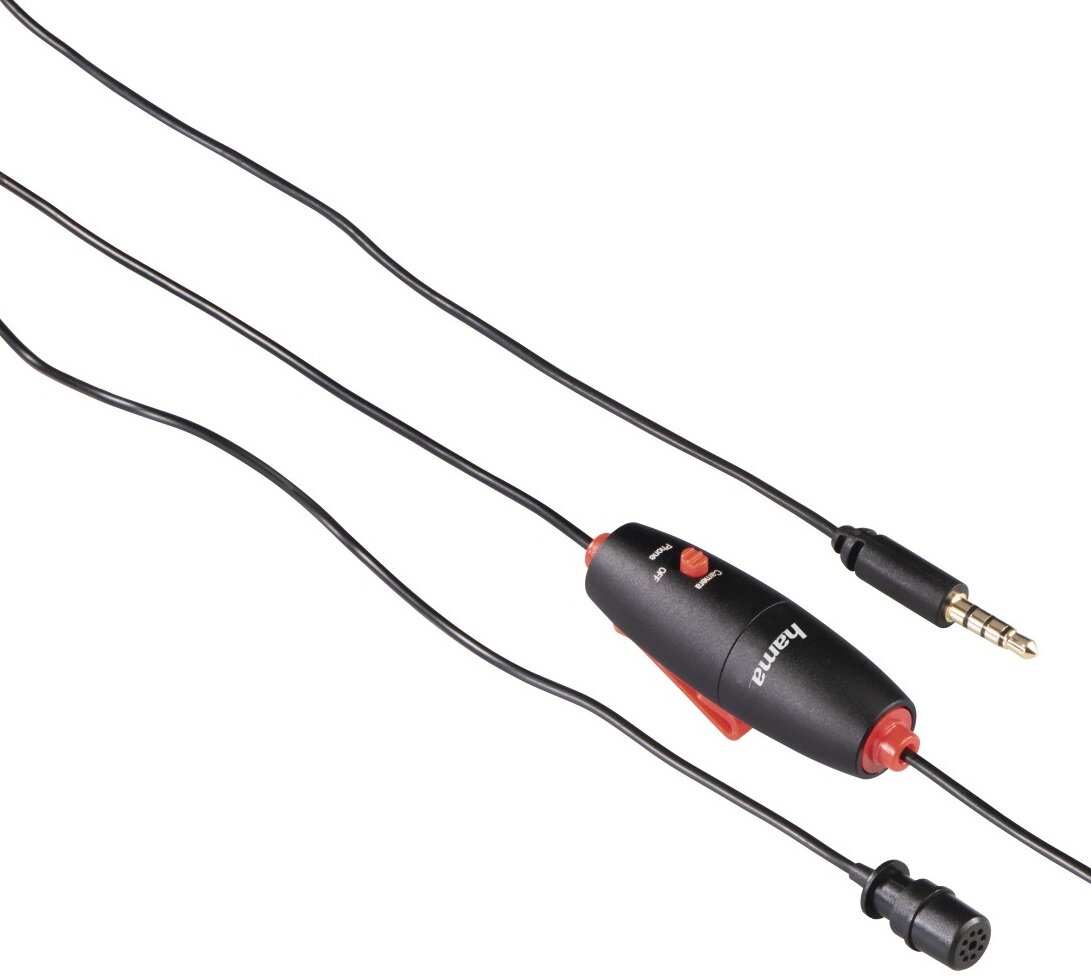 Czarny kabel z mikrofonem, modułem sterowania z przyciskami i gniazdem 3,5 mm na białym tle.