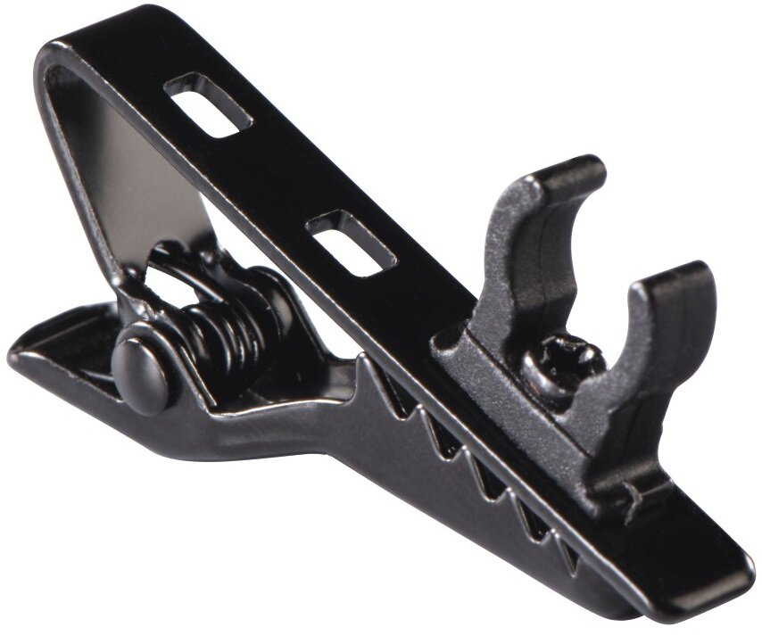 Czarny klips do krawata ze sprężyną i małym zapięciem.