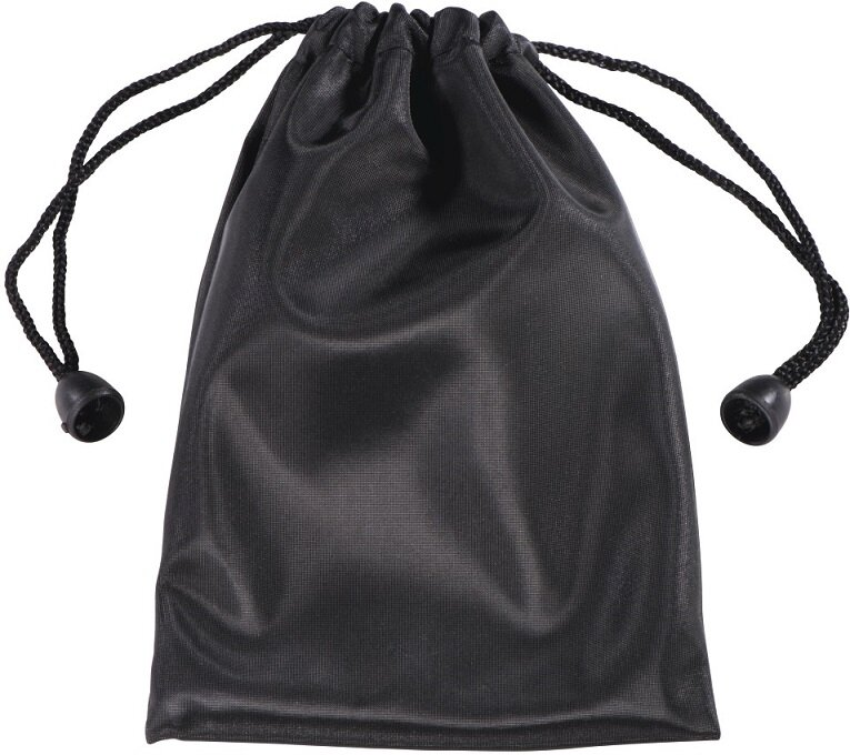 Czarny worek ze sznurkiem, zamknięty. Sznurki widoczne na górze.