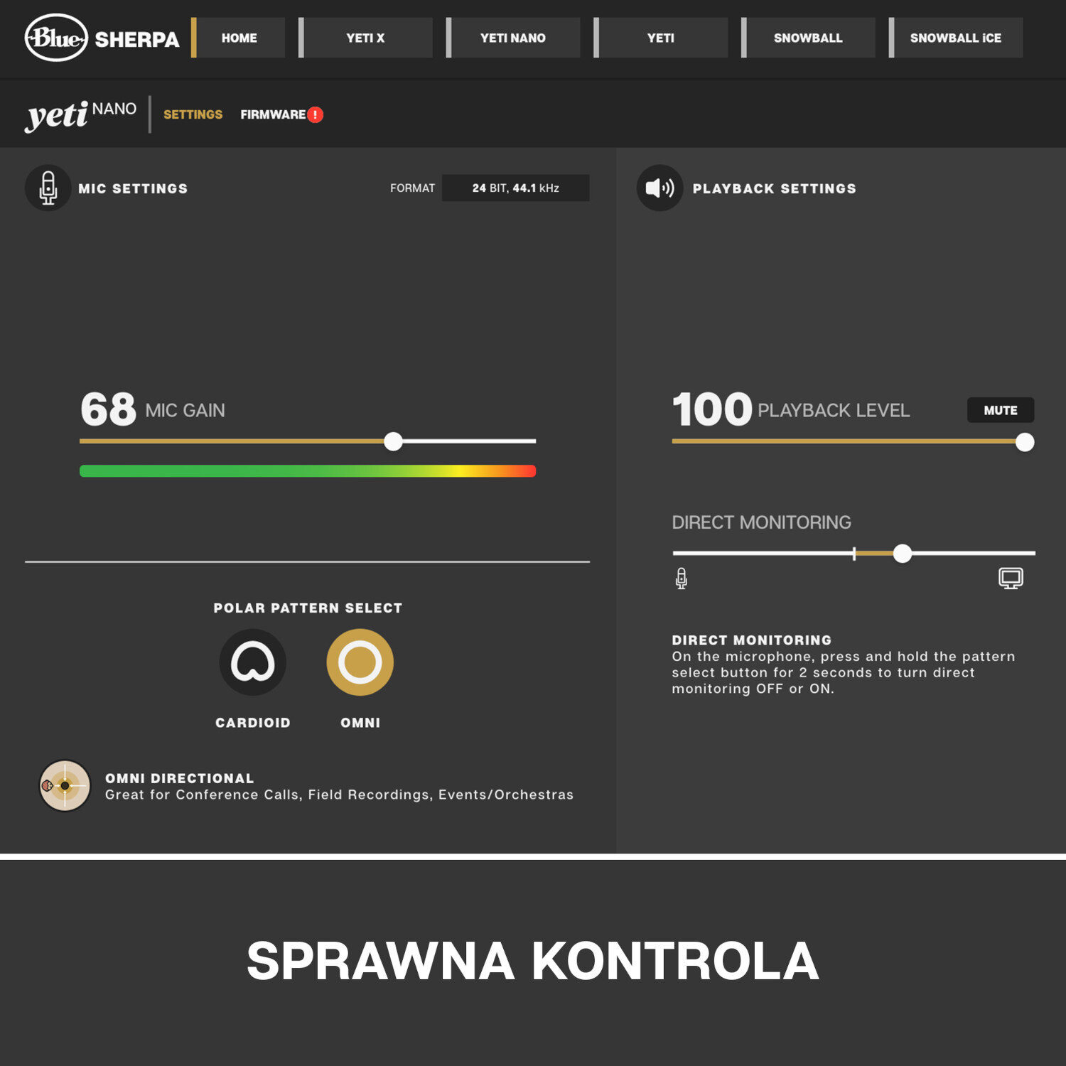 Strona internetowa Blue Sherpa z ustawieniami mikrofonu, wzmocnieniem i ustawieniami odtwarzania.