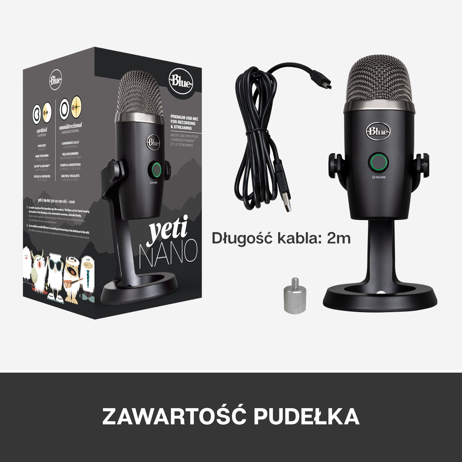 Mikrofon Blue Yeti Nano w pudełku z akcesoriami i kablem.