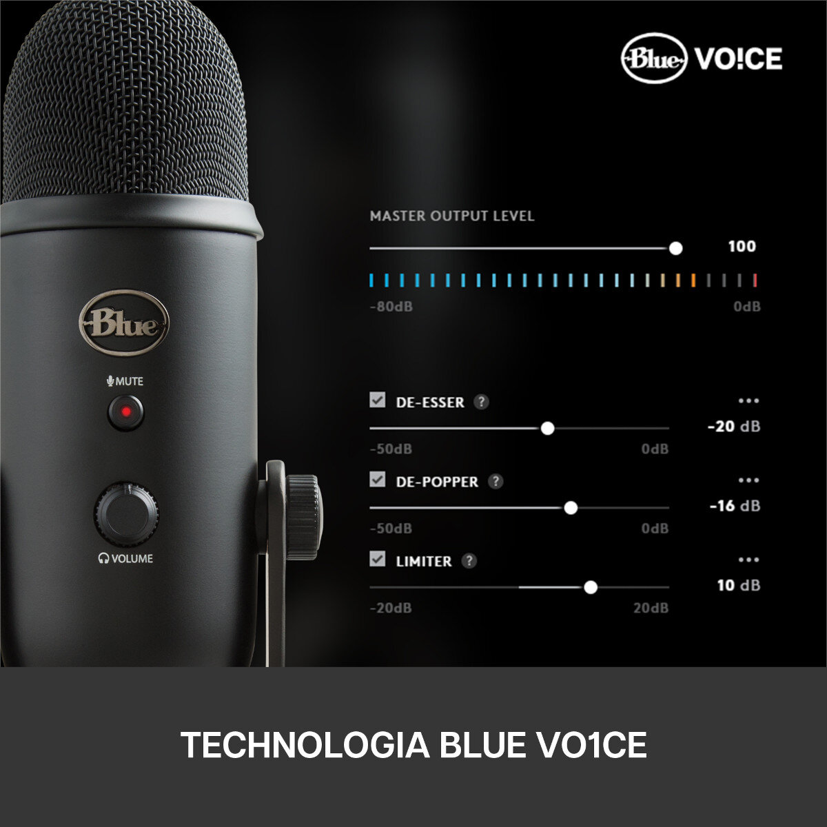 Zbliżenie niebieskiego mikrofonu z kontrolkami i grafiką pokazującą technologię Blue VO!CE.