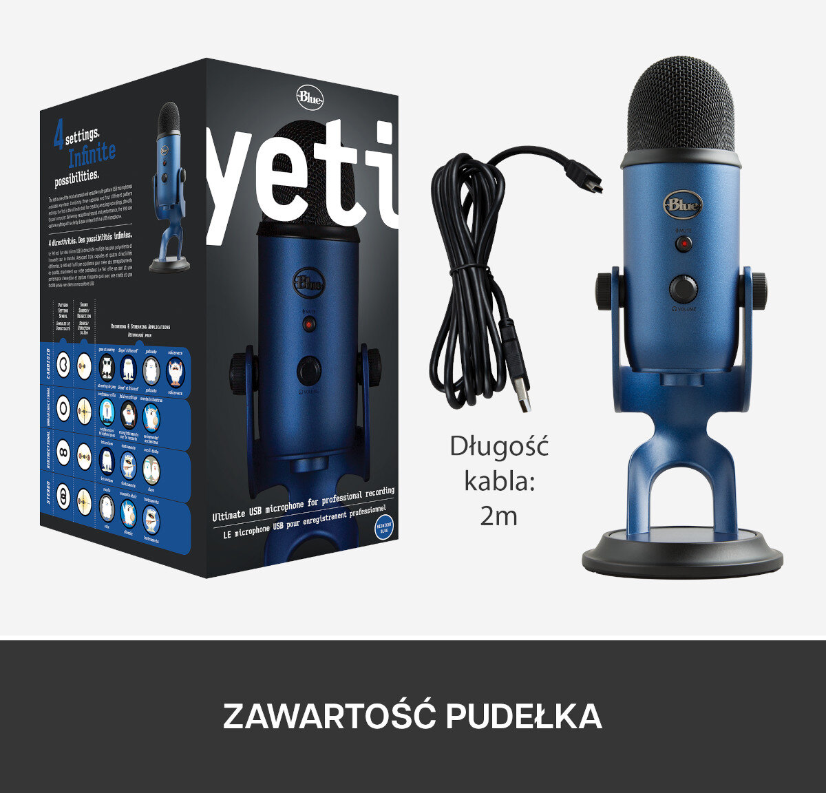 Pudełko z mikrofonem, akcesoriami i kablem. Tekst 'Zawartość pudełka' na dole.