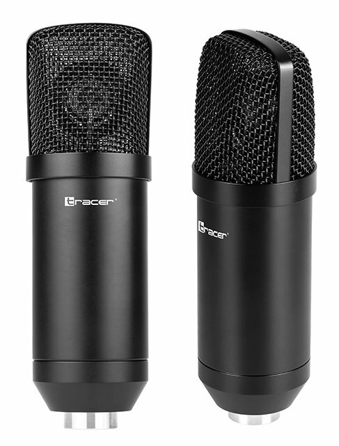 Dwa czarne mikrofony Tracer na białym tle, jeden przodem, drugi pod kątem.