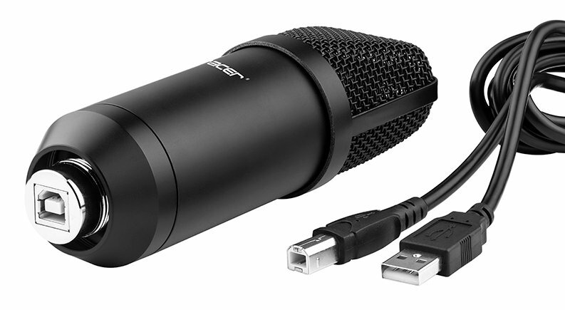 Czarny mikrofon USB z kablem USB.