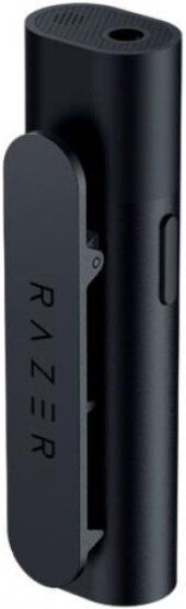Czarne urządzenie RAZER, prawdopodobnie odbiornik audio bezprzewodowy, z klipsem.