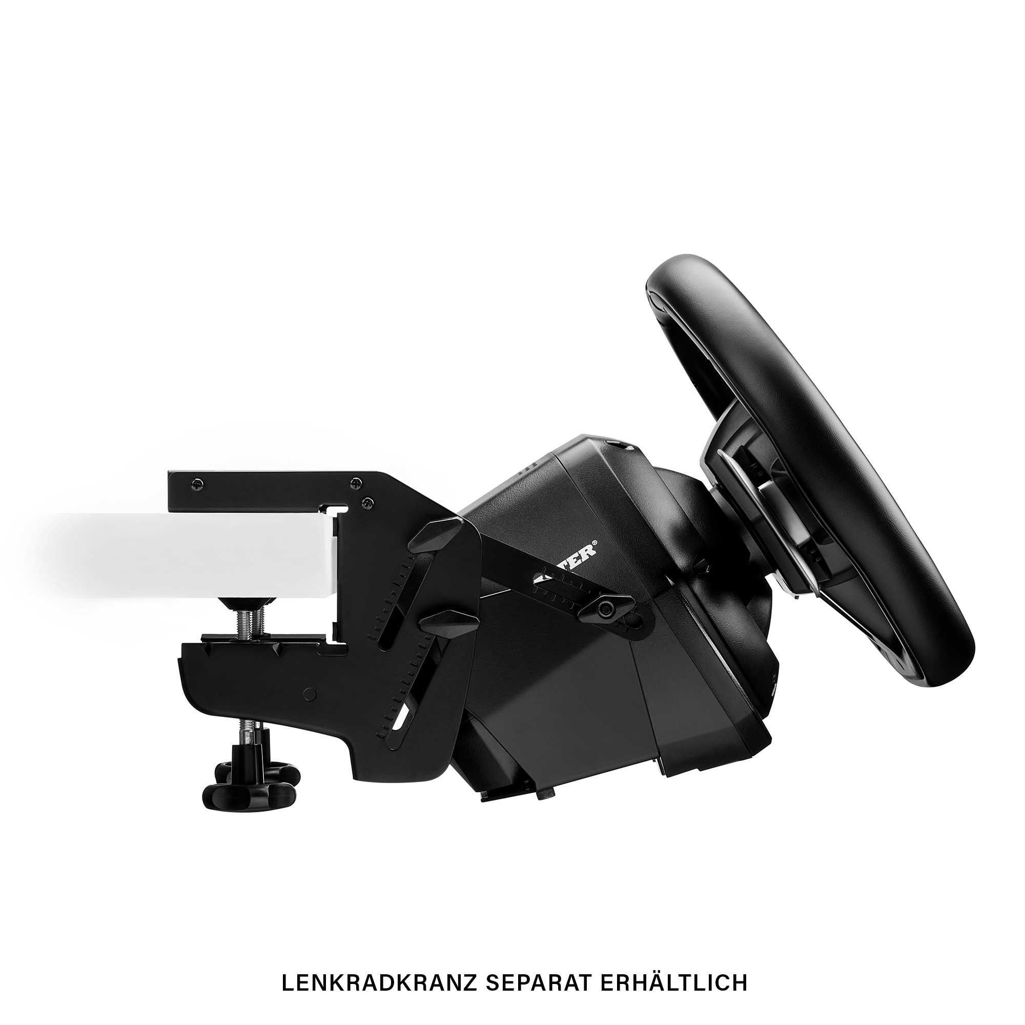 Ein Lenkrad und seine Montagevorrichtung, schwarz, für ein Renn-Setup.