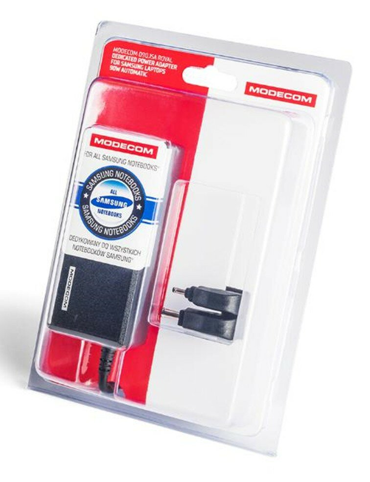 Zasilacz MODECOM do laptopów Samsung, 90W, w opakowaniu z dwoma wtyczkami.
