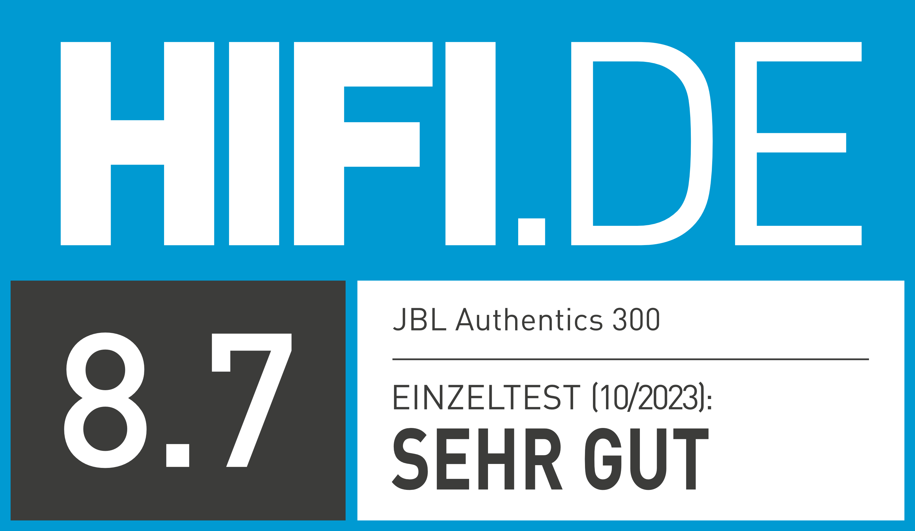 Blauer Hintergrund mit weißem Text. Der Text lautet HIF.DE und hat eine Bewertung von 8,7. Darunter steht JBL Authentics 300.
