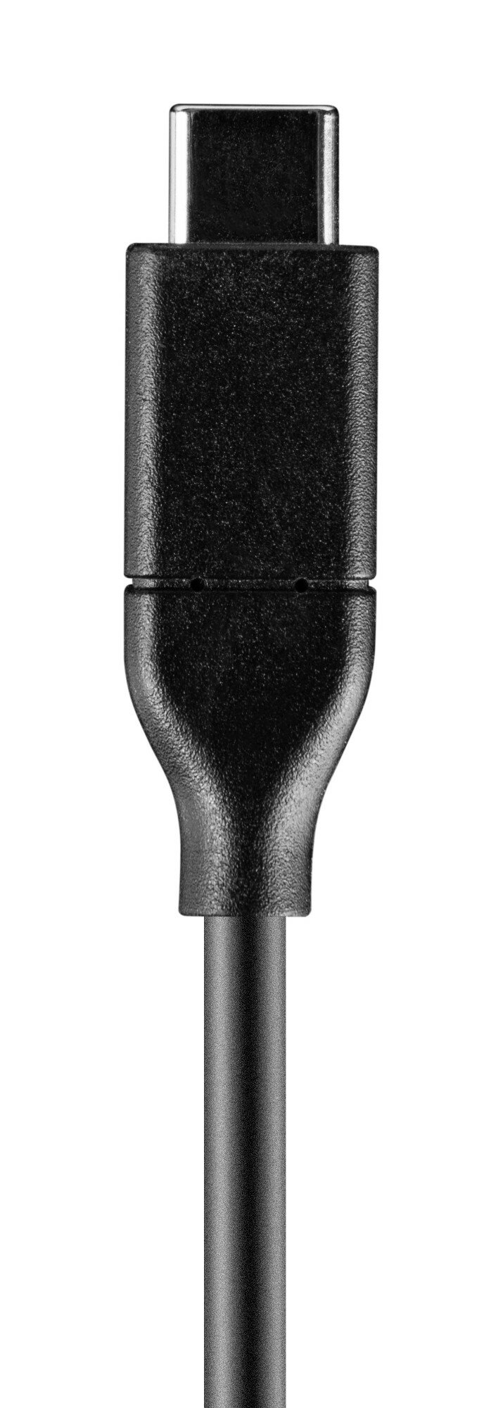 Zbliżenie czarnego kabla USB-C na białym tle.