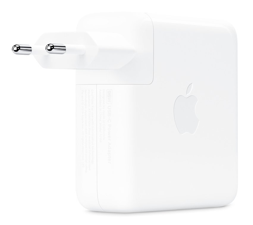 Biały zasilacz Apple 96W USB-C z wtyczką dwupinową na białym tle.