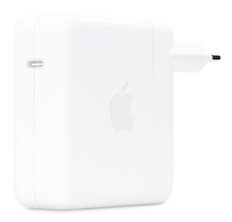 Biała ładowarka Apple z portem USB-C. Z przodu znajduje się logo Apple.