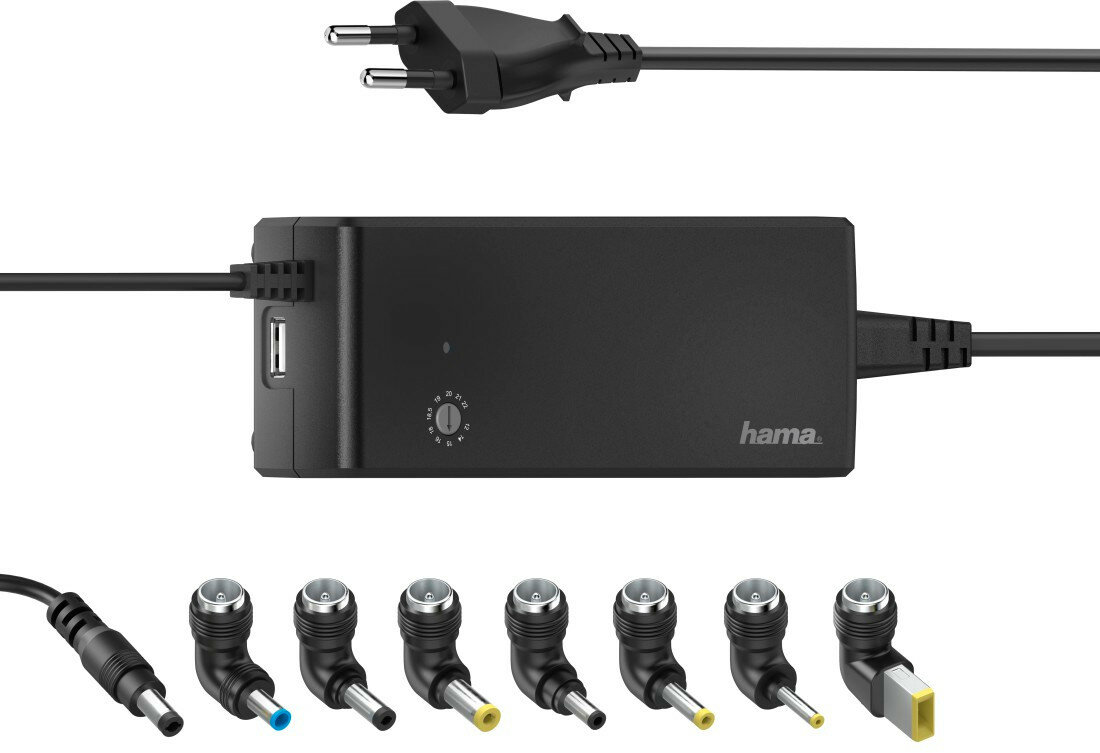 Czarny zasilacz z wieloma złączami i portem USB.