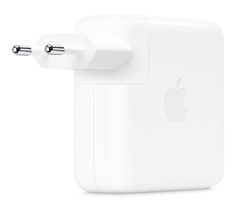 Biały zasilacz Apple. Wtyczka dwupinowa. Logo Apple z boku.