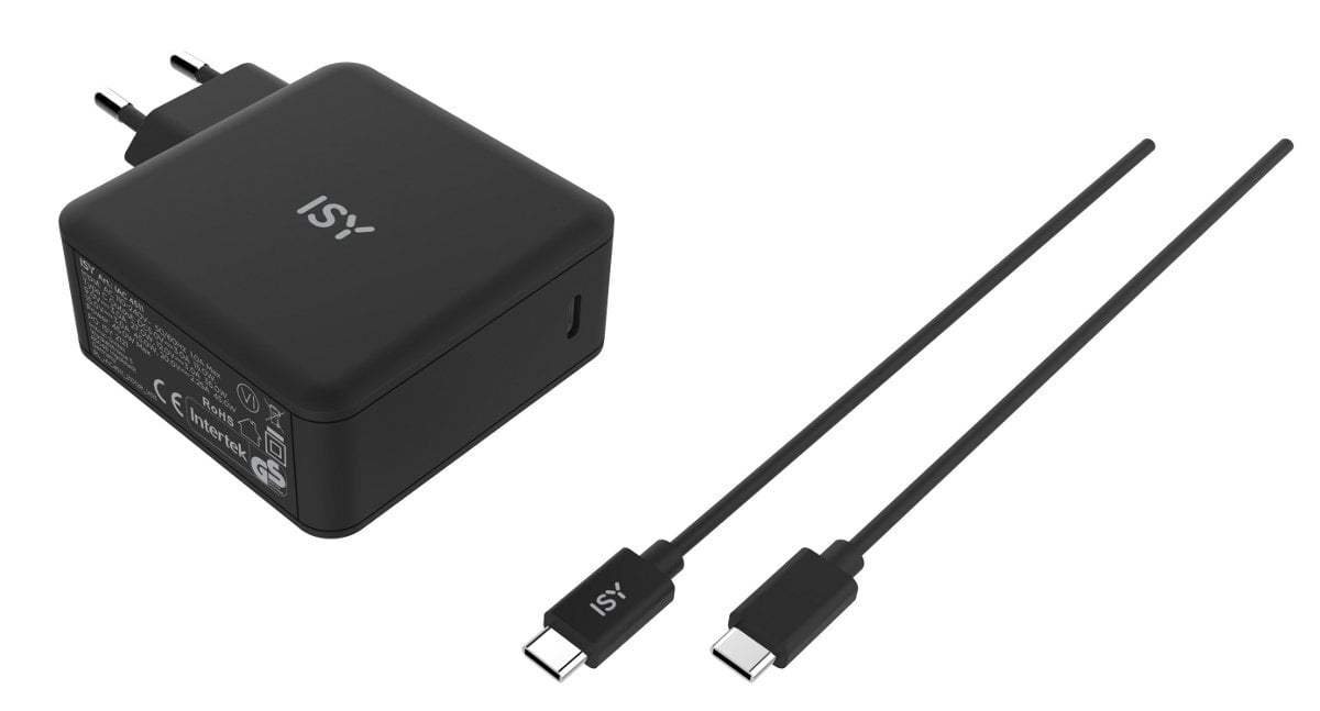 Czarny zasilacz ISY z kablami ładującymi, na białym tle.