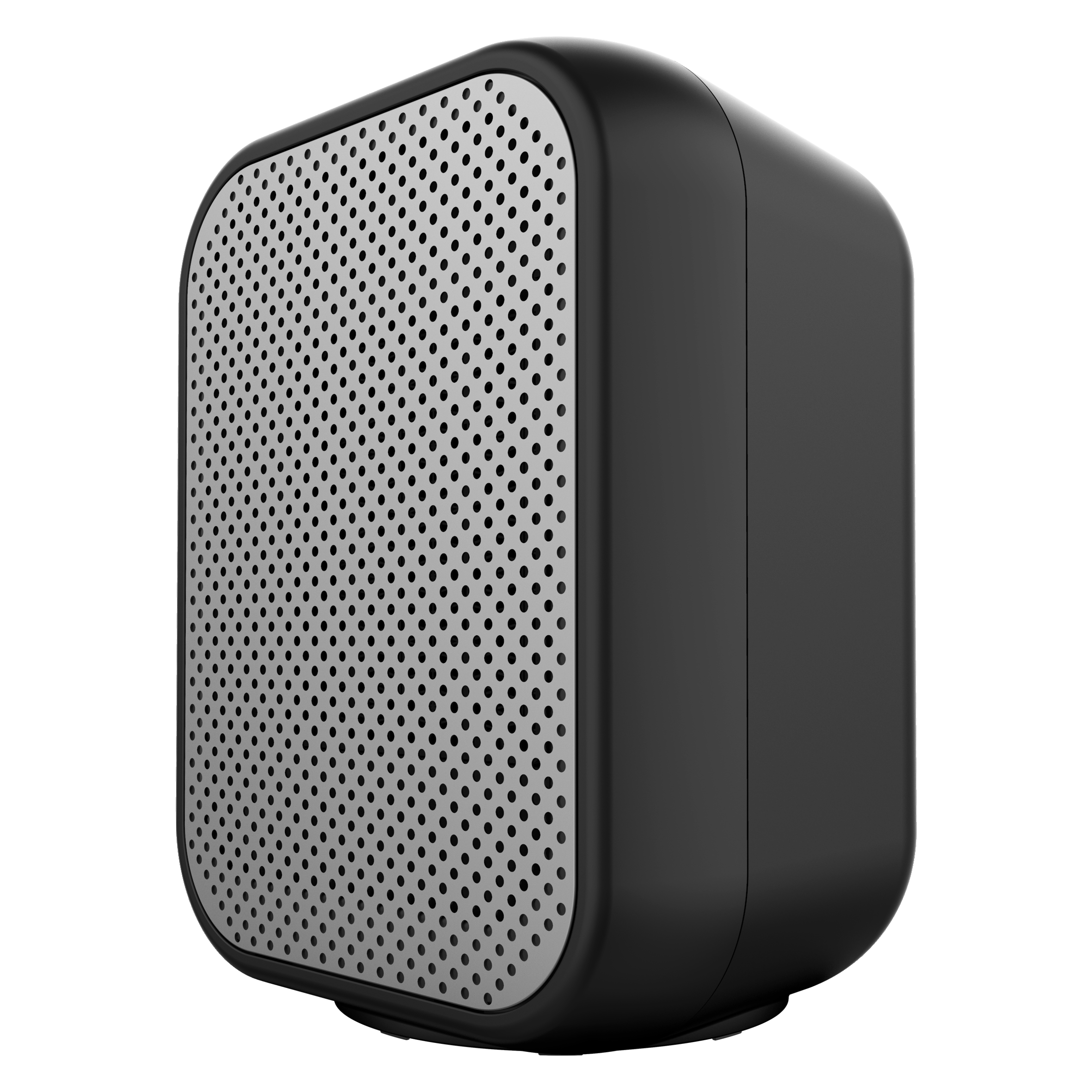 Altavoz cuadrado negro con panel frontal plateado perforado y esquinas redondeadas.