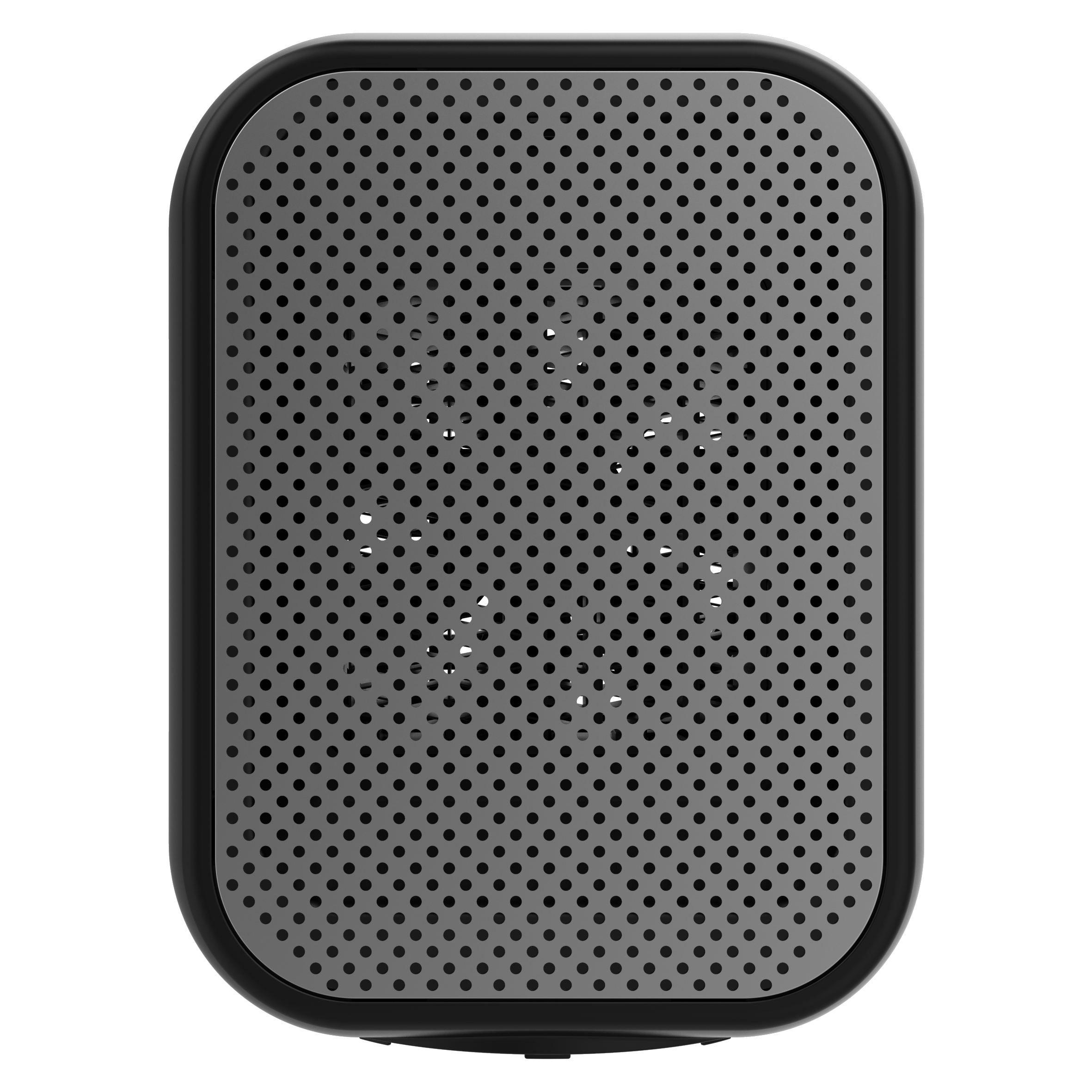 Primer plano de un altavoz negro con una rejilla metálica.