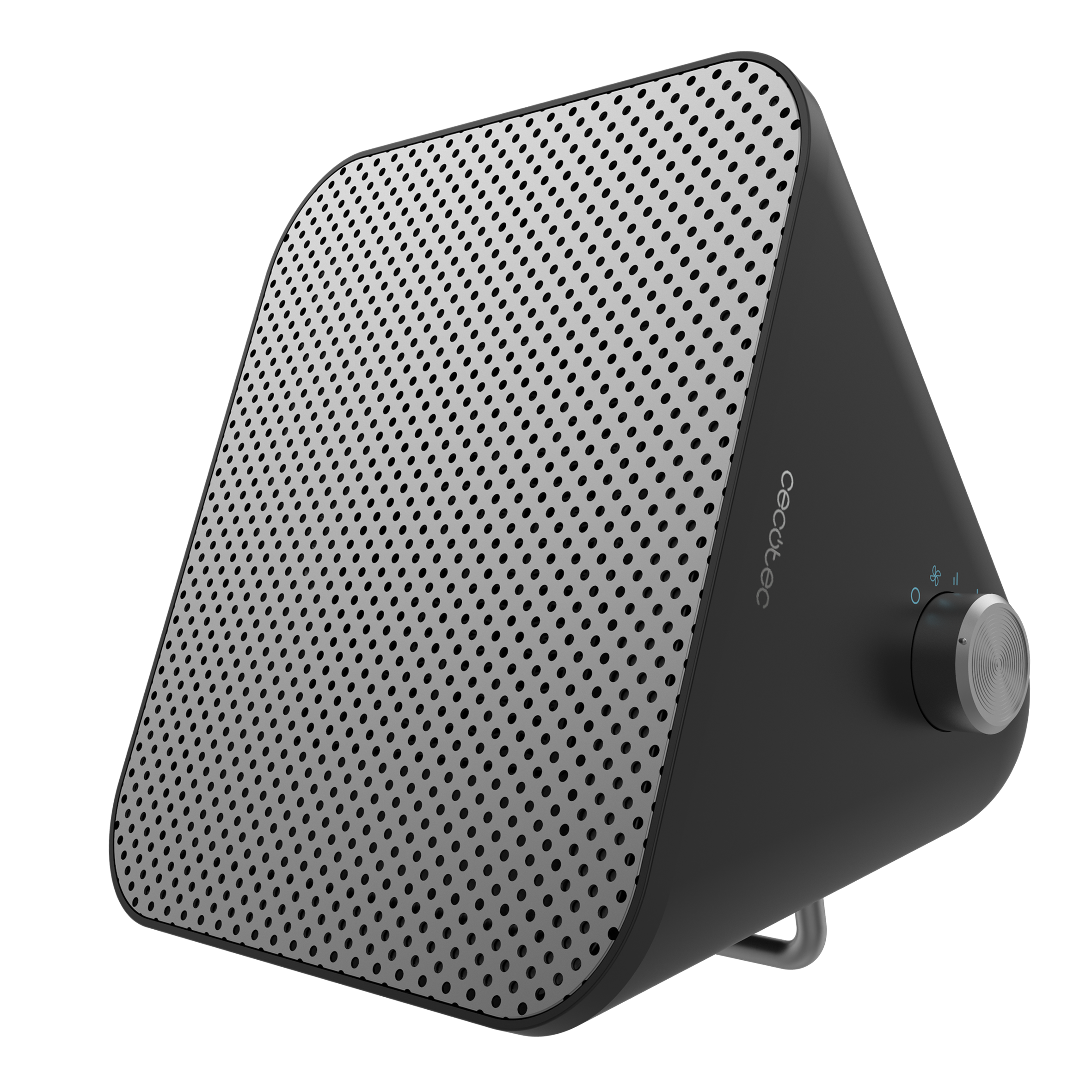 Altavoz negro y plateado con frontal perforado y mando giratorio. Fondo negro.