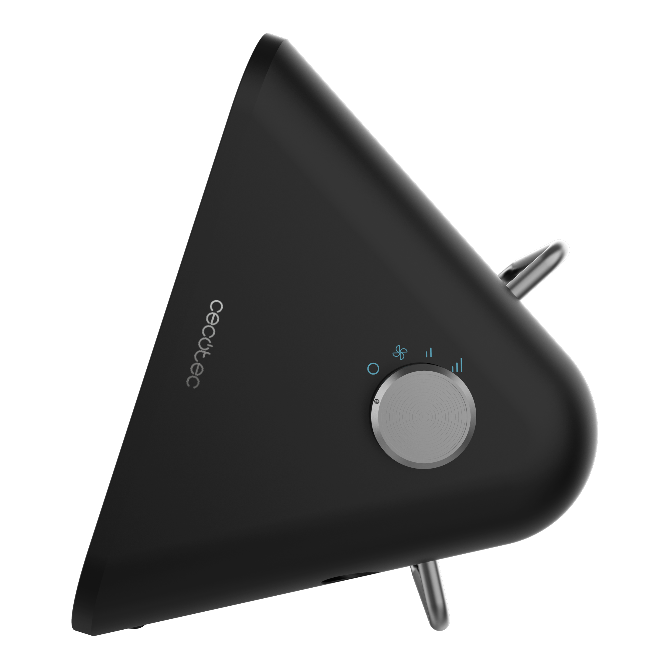 Un altavoz negro, de forma triangular, con un dial plateado y dos barras metálicas.