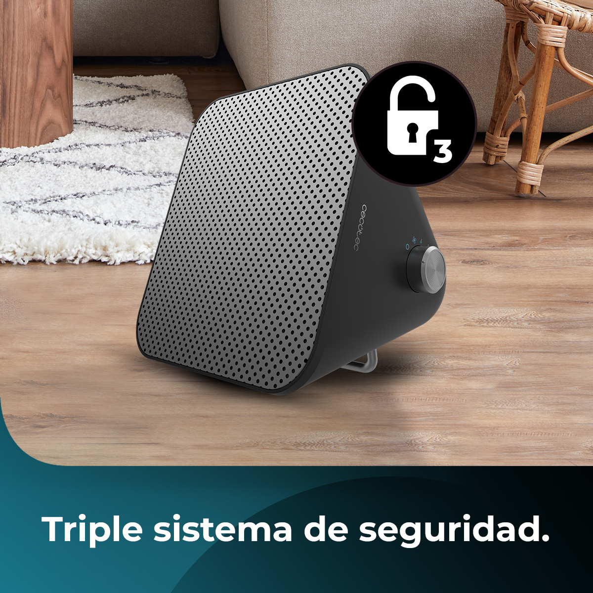 Calentador negro y gris con un icono de candado que indica un sistema de triple seguridad.