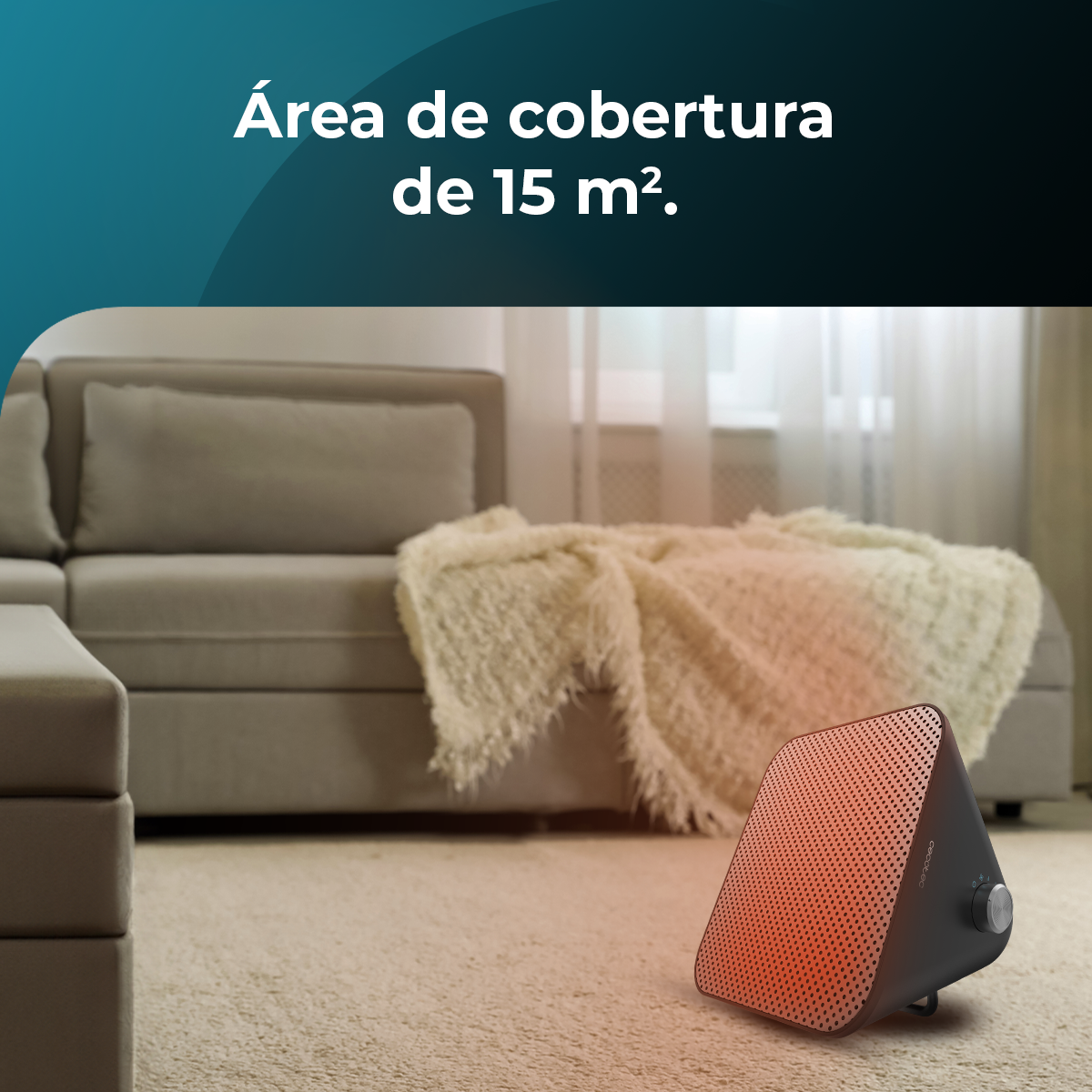 Un calefactor sobre una alfombra, con un sofá en el fondo, texto: Área de cobertura de 15 m².