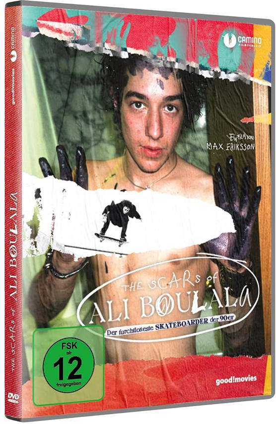 DVD-Cover für 'The Scars of Ali Boulala', mit einem Mann, Skateboarden und einer Bewertung.