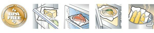 Symbol bez BPA z ilustracjami przechowywania żywności w lodówce.