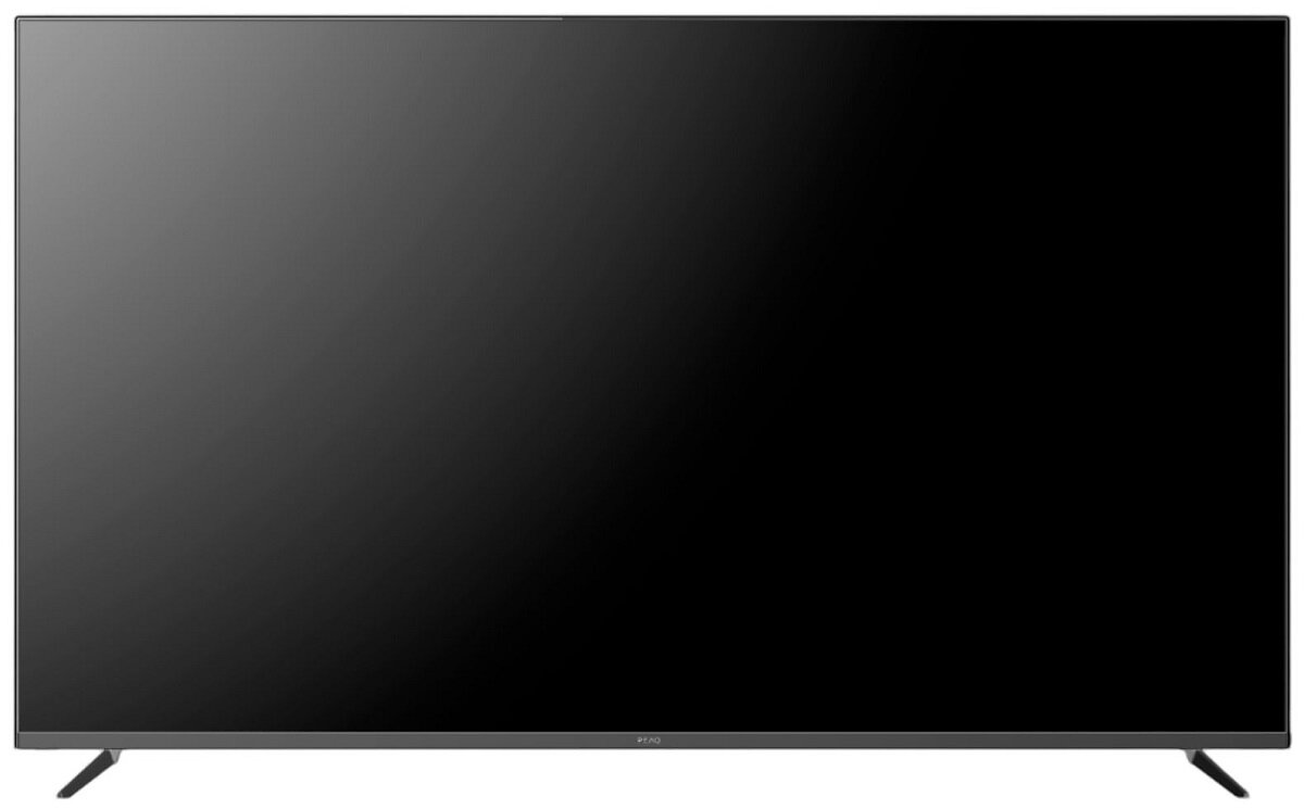 Duży, czarny telewizor z płaskim ekranem. Ma elegancki, nowoczesny design i prostą podstawę.