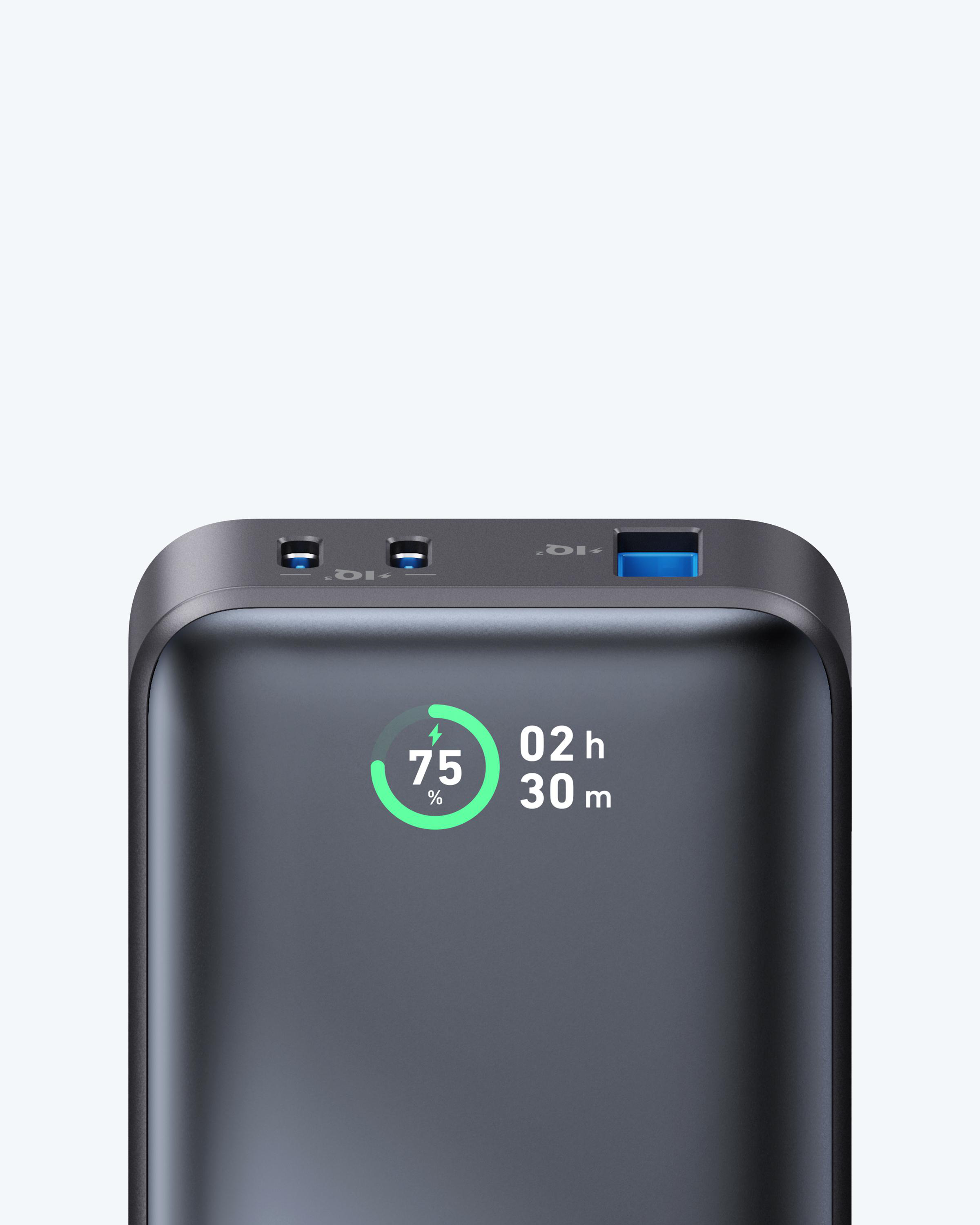 Dunkelgraue Powerbank mit 75 % Ladung und 2h 30m Restzeit. Zwei USB-Anschlüsse sichtbar.