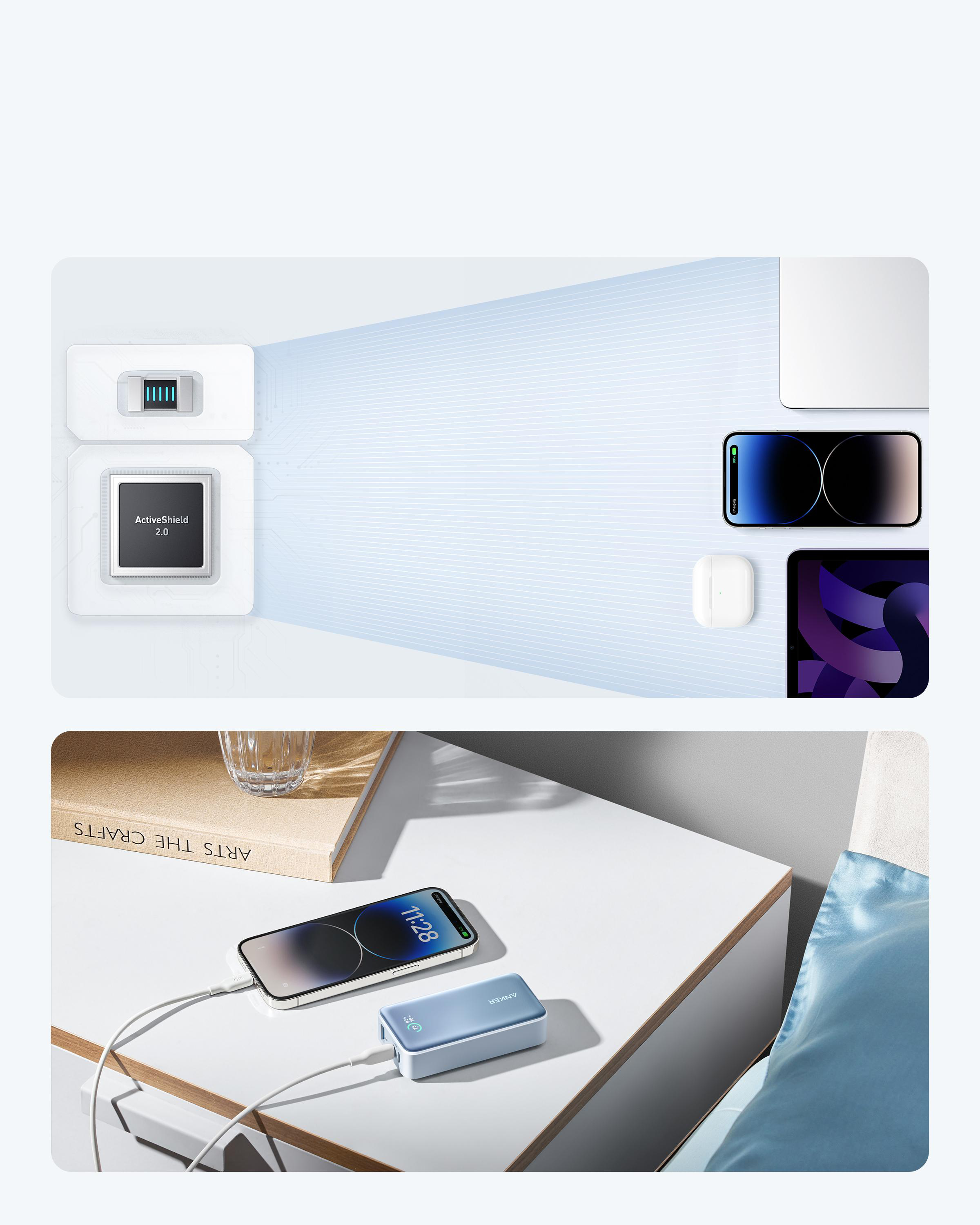 Ein modernes Schreibtisch-Setup mit verschiedenen Geräten, darunter ein Telefon und ein Tablet.