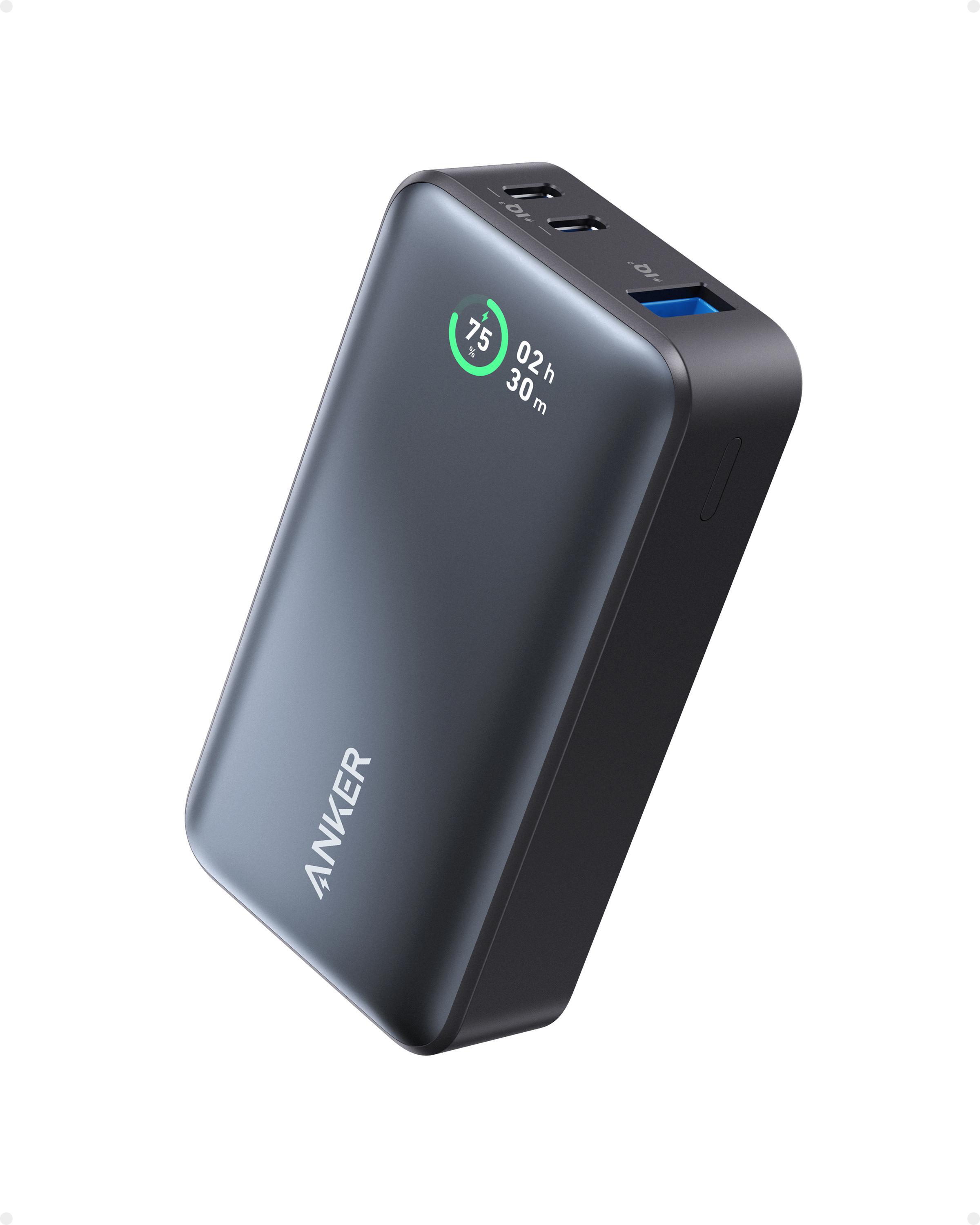 Eine schwarze Powerbank mit einem Display, das die Akkulaufzeit und die verbleibende Zeit anzeigt.