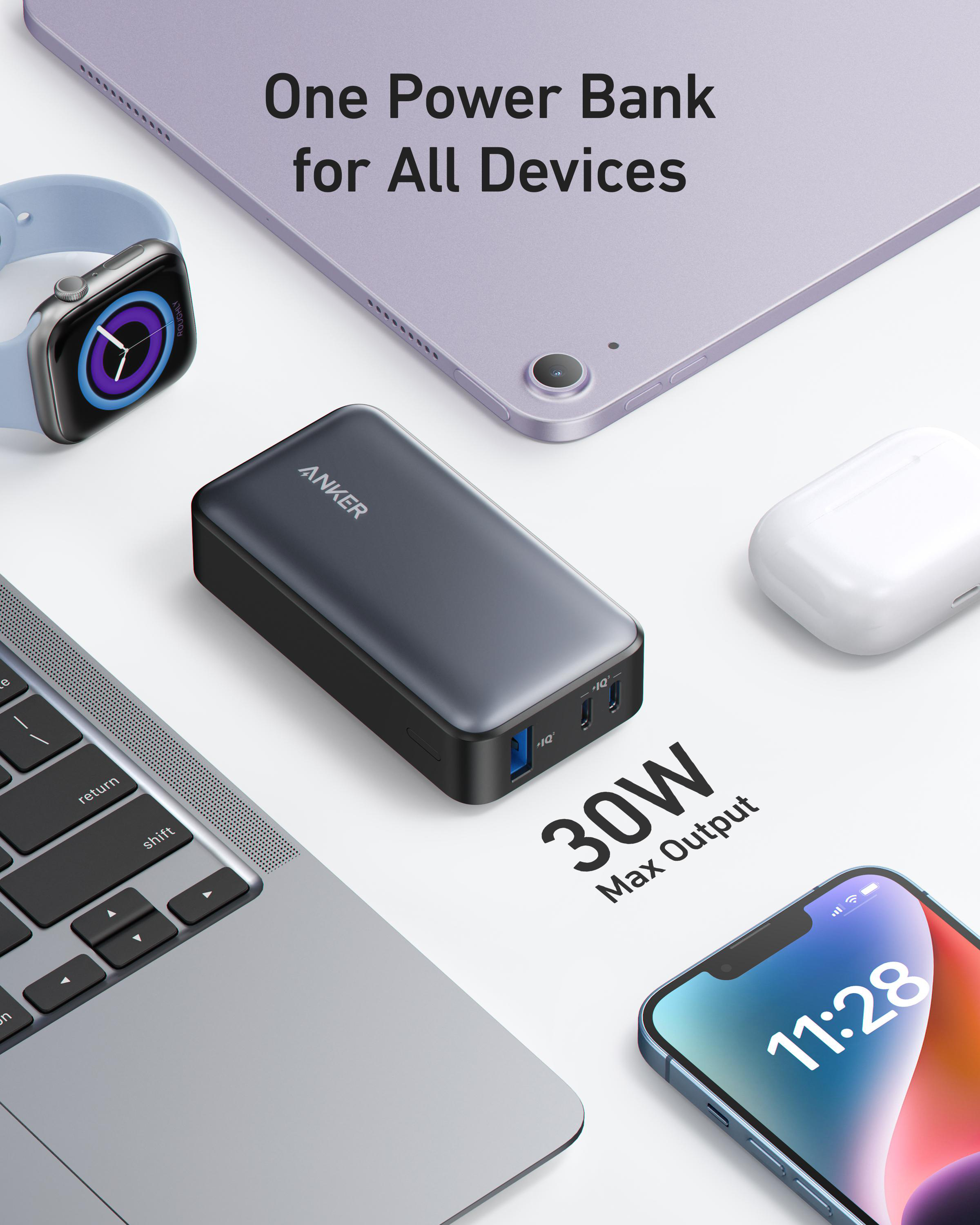 Powerbank mit Telefon, Uhr und Tablet. Mit einer schwarzen Powerbank mit 30W maximaler Leistung.