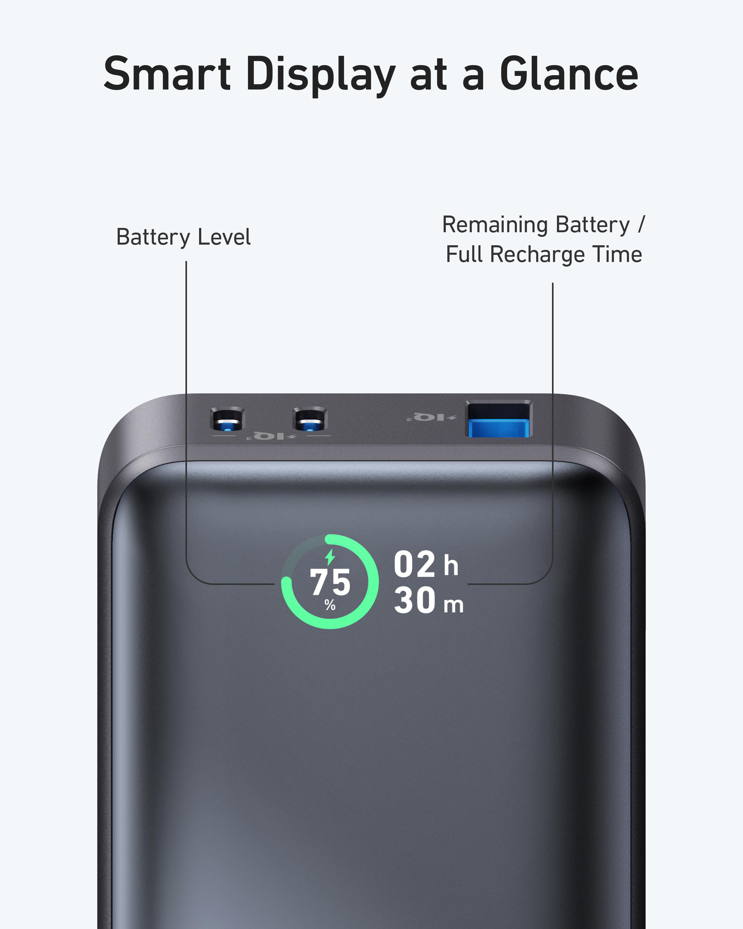 Schwarze Powerbank, Anzeige mit 75% Akku und Zeit.
