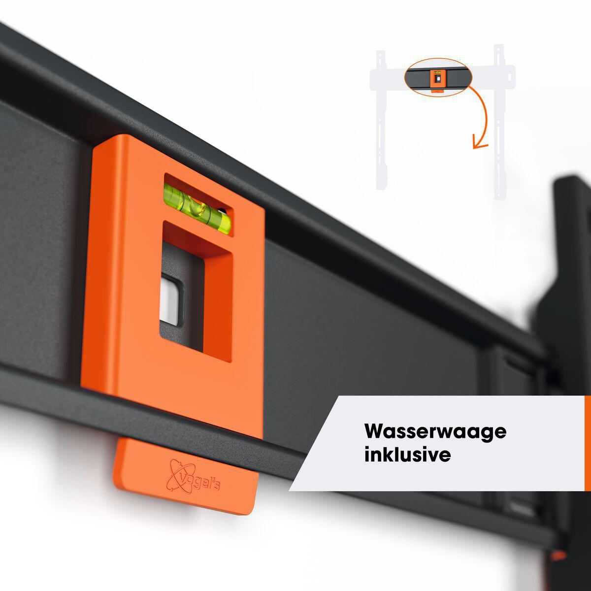 Orange und schwarze TV-Halterung. Orangefarbene Wasserwaage. Text in Weiß. Schwarze Wandhalterung.