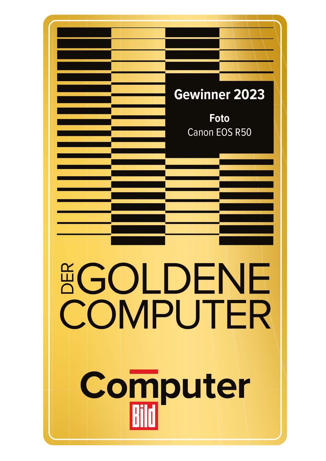 Eine goldene Auszeichnung mit schwarzen Linien und Text, 'Gewinner 2023' und 'Canon EOS R50'.