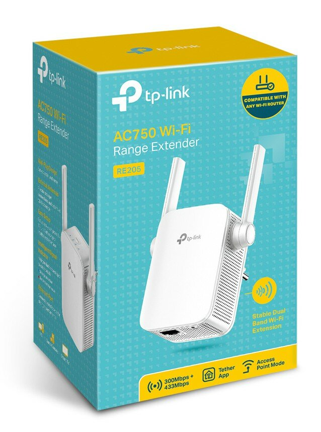 Biały wzmacniacz zasięgu Wi-Fi tp-link w pudełku z tekstem i obrazami. Schemat kolorów niebieski i żółty.