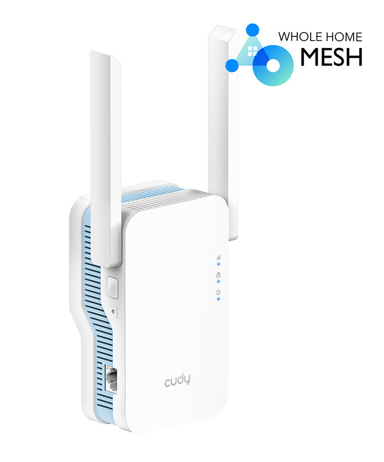 Biały wzmacniacz Wi-Fi mesh Cudy z dwiema antenami. Tekst: Whole Home Mesh.