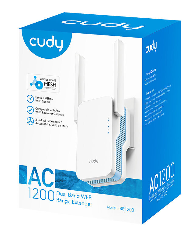 Biały wzmacniacz zasięgu Wi-Fi Cudy AC1200. Pudełko pokazuje urządzenie i jego funkcje.