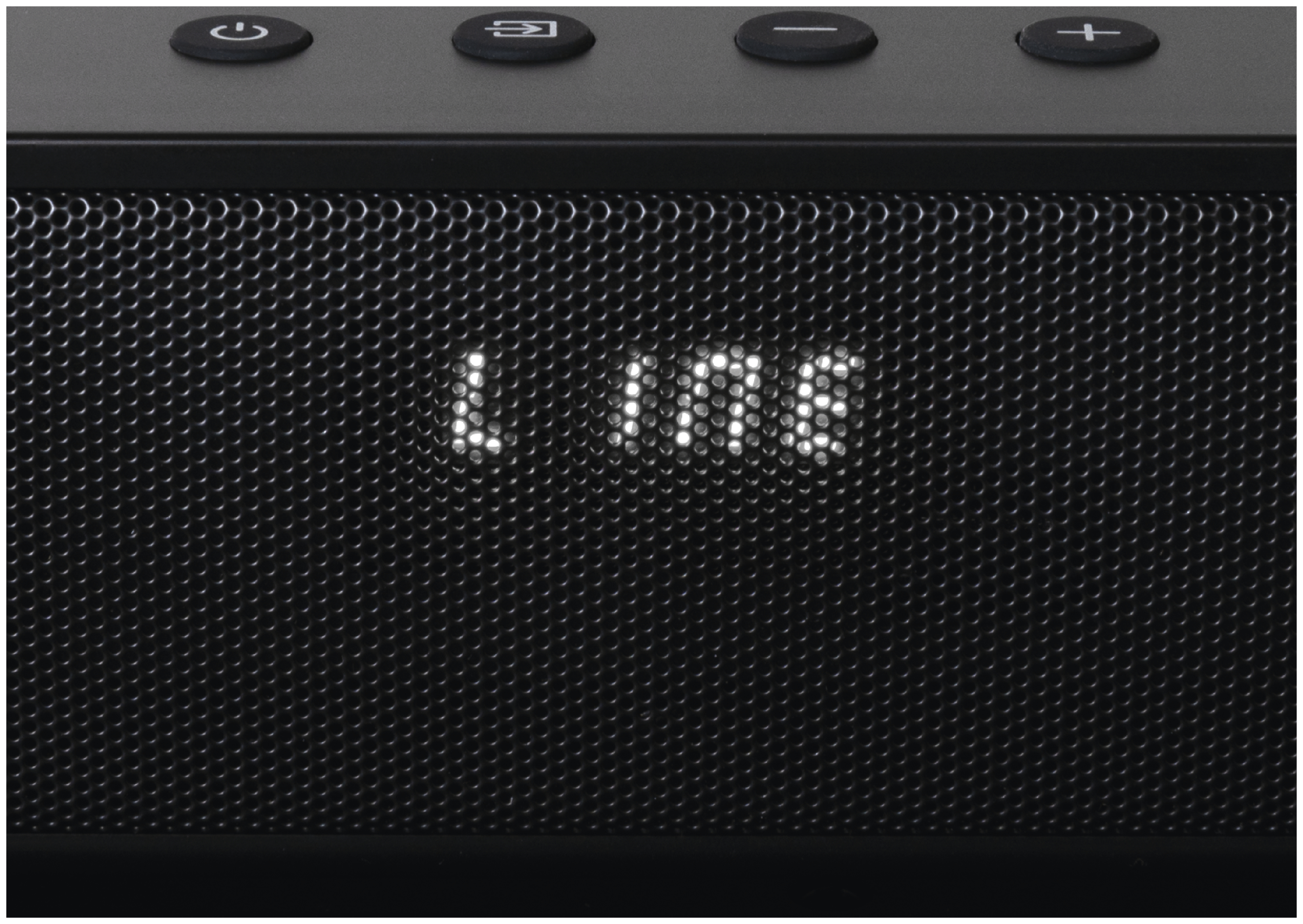 Schwarze Soundbar mit Tasten und Anzeige "LINE". Die Vorderseite ist aus Mesh.